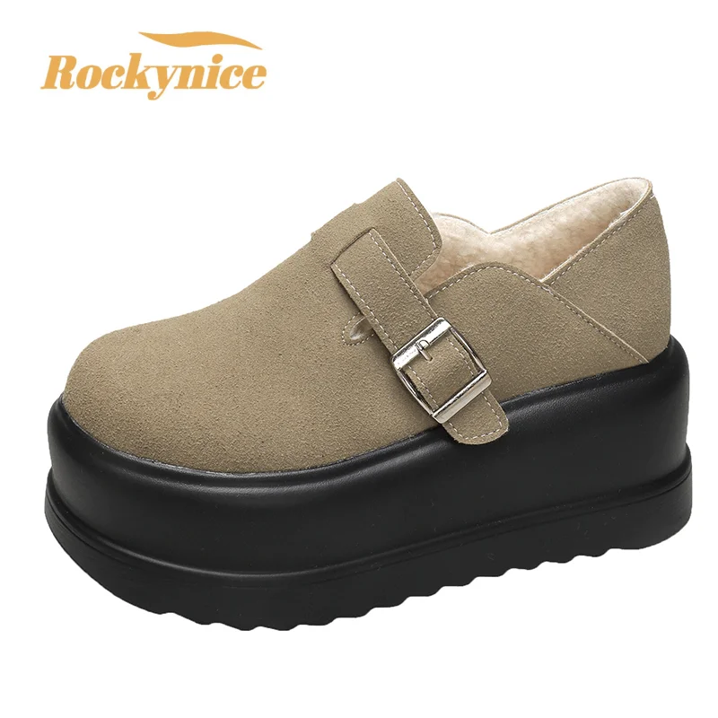 2023 Winter Warm Fluffy Sneakers Suede Leather High Platform Snow Shoes for Women Non Slip Plush Casual Chunky Shoes Woman 7.5CM