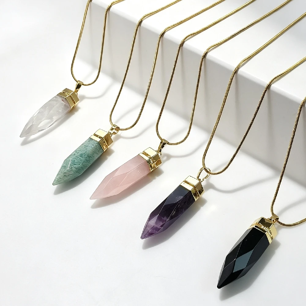 1PC Natural Crystal Bullet Point Pendant Necklace Multi-color Gemstone Women Fashion Jewelry Gold Plated N2C085