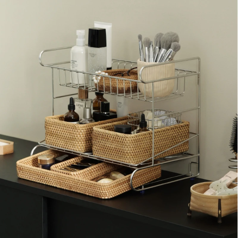 Rattanowy organizer do makijażu Premium Woven Desktop Storage for Cosmetics Skincare Prostokątna ozdobna taca Szuflada do sypialni