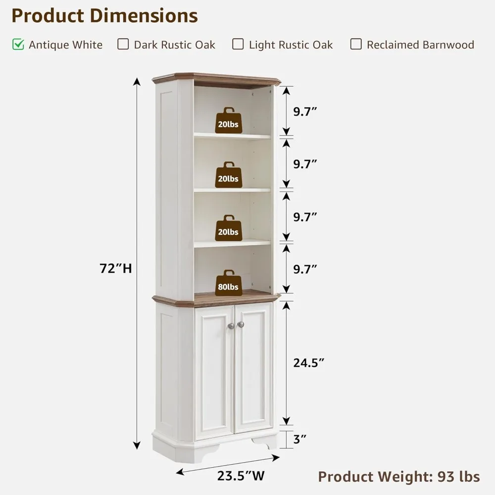 Estante estilo fazenda de 72 polegadas de altura com armazenamento e prateleiras ajustáveis