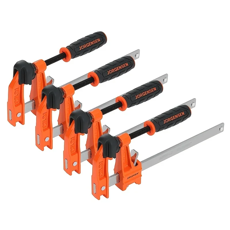 

Set of 4 Jorgensen 6-Inch Bar Clamps, Light Duty Steel F Clamps, with a Load Capacity of 300 Lbs, Suitable for Woodworking, Met