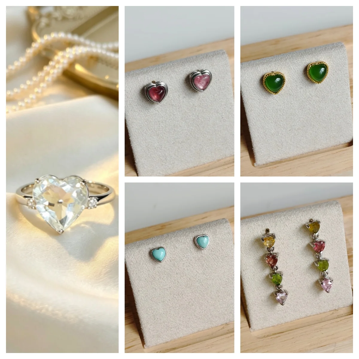 Romantic 925 Silver Natural Hetian Green Jade Tourmaline Heart Jewelry Set Stud Earrings/Oversize Crystal Band Timeless Jewelry