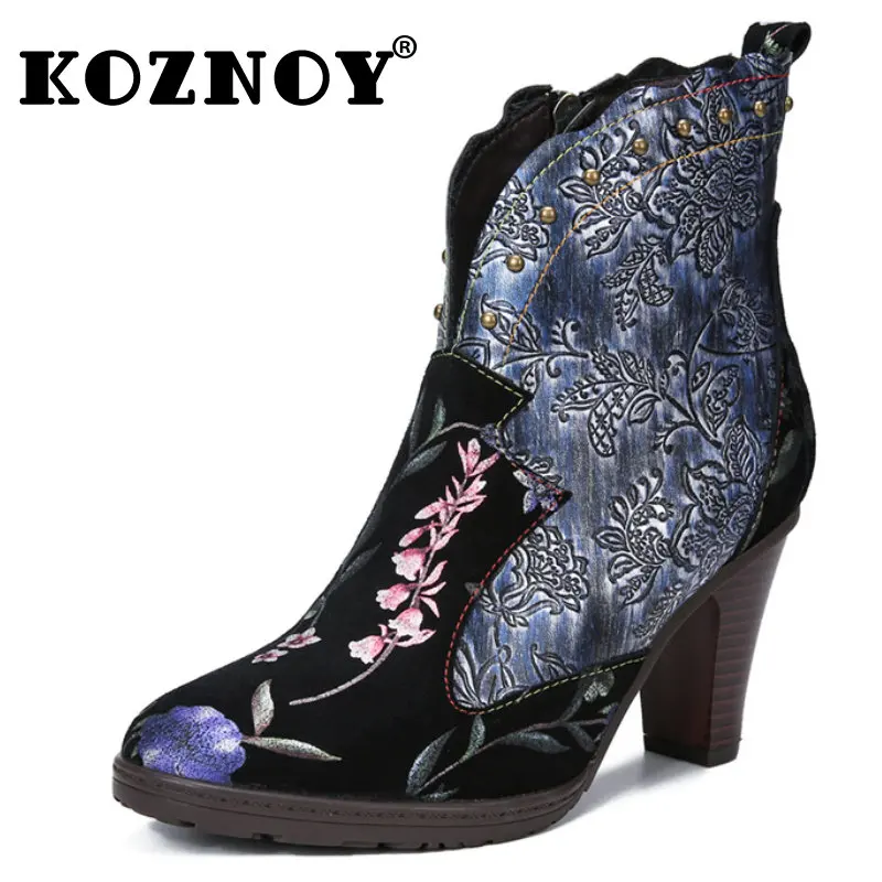 

Koznoy 6Cm New Cow Genuine Leather Plus Size Autumn Spring Mid Calf Ankle Booties Women ZIP Females Ethnic Fashion Ladies Shoes