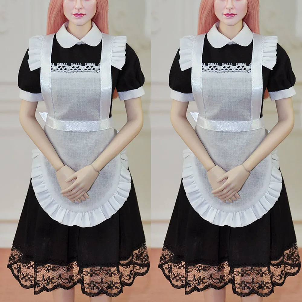 1/6 Women Soldier French Maid Dress Cosplay Clubwear Puff Sleeves Uniform Role Play With Apron Fit 12Inch Action Figure Model