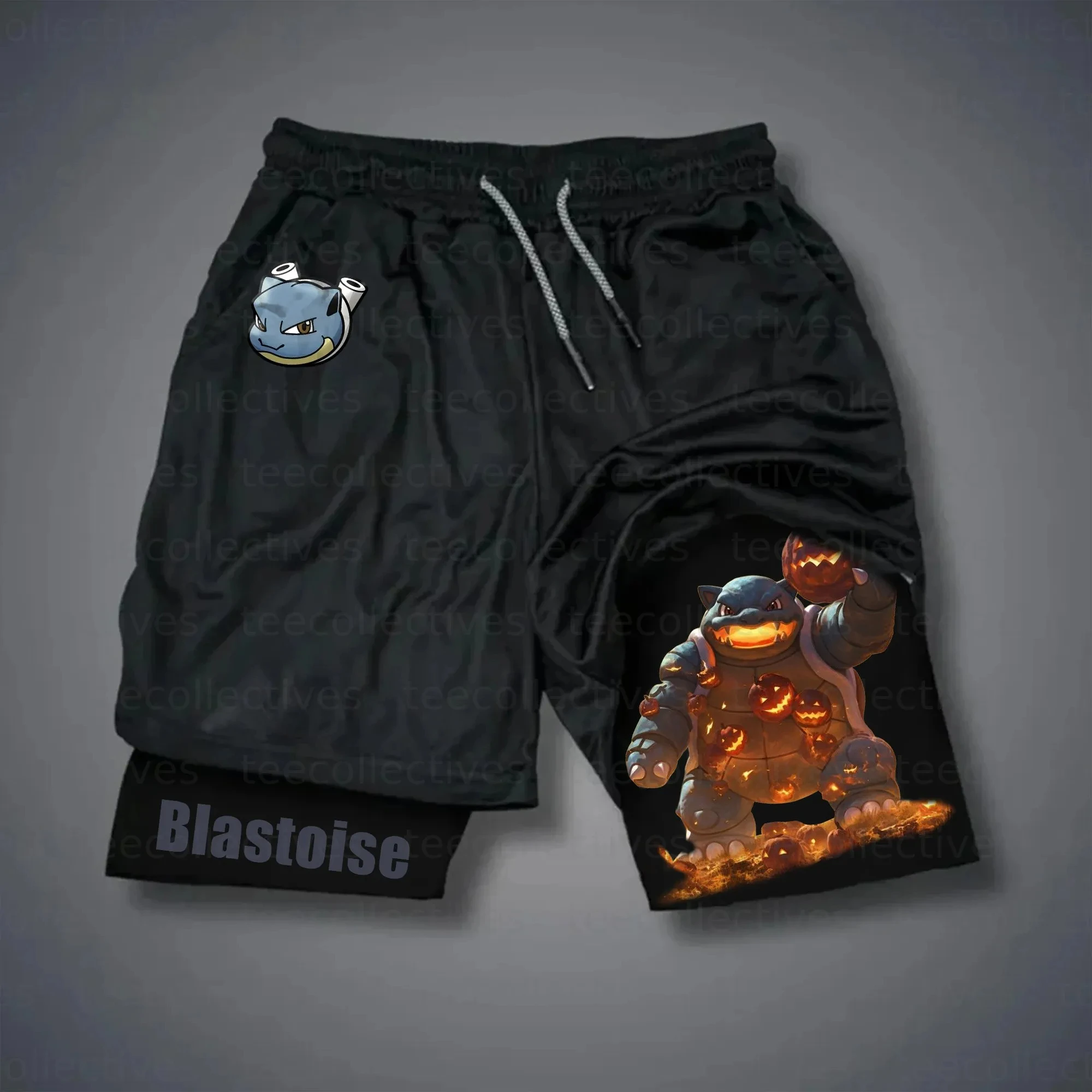 pokemon-blastoise-shorts-masculino-algodao-calcas-esportivas-2025-verao-anime-grafico-bottoms-base-preta-azul-tartaruga-personagem