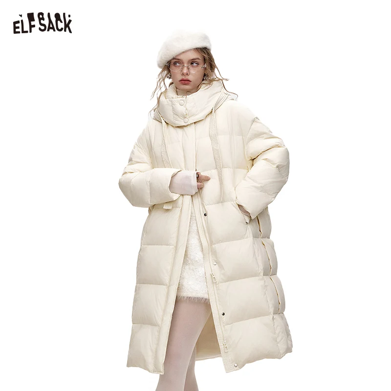ELFSACK 2024 Winter New Arrivals Simple and versatile hooded long loose down jacket