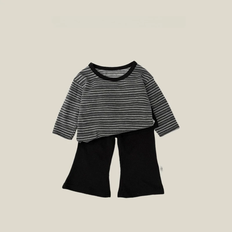 Girls' Spring and Autumn Retro Stripe Bottom Shirt Korean Stripe Round Neck Soft Sticky Skin Friendly Loose Long Sleeve Top