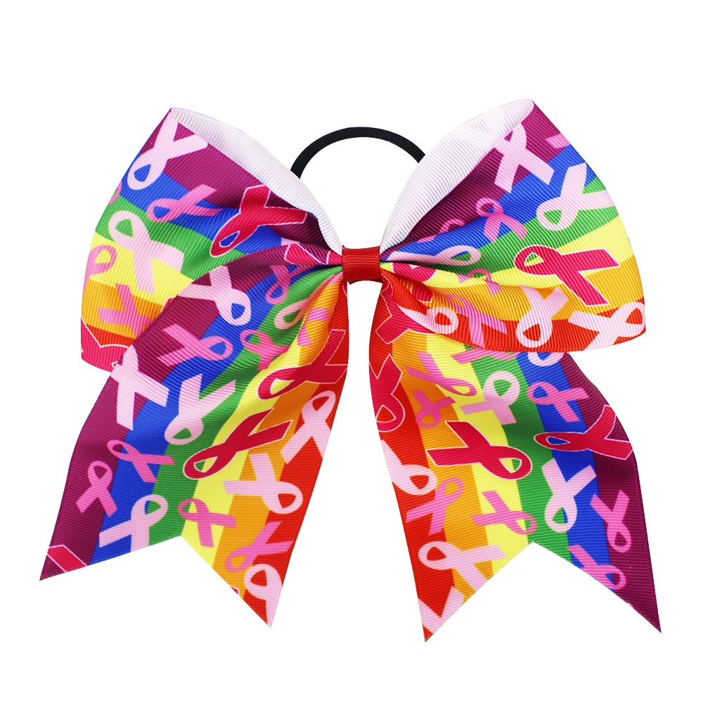 12pcs/Lot 8 Inch Cheap Pink Ribbon Cheerleading Hair Bows for Girls and Women Breast Cancer Cheer Bows With Elastic Band