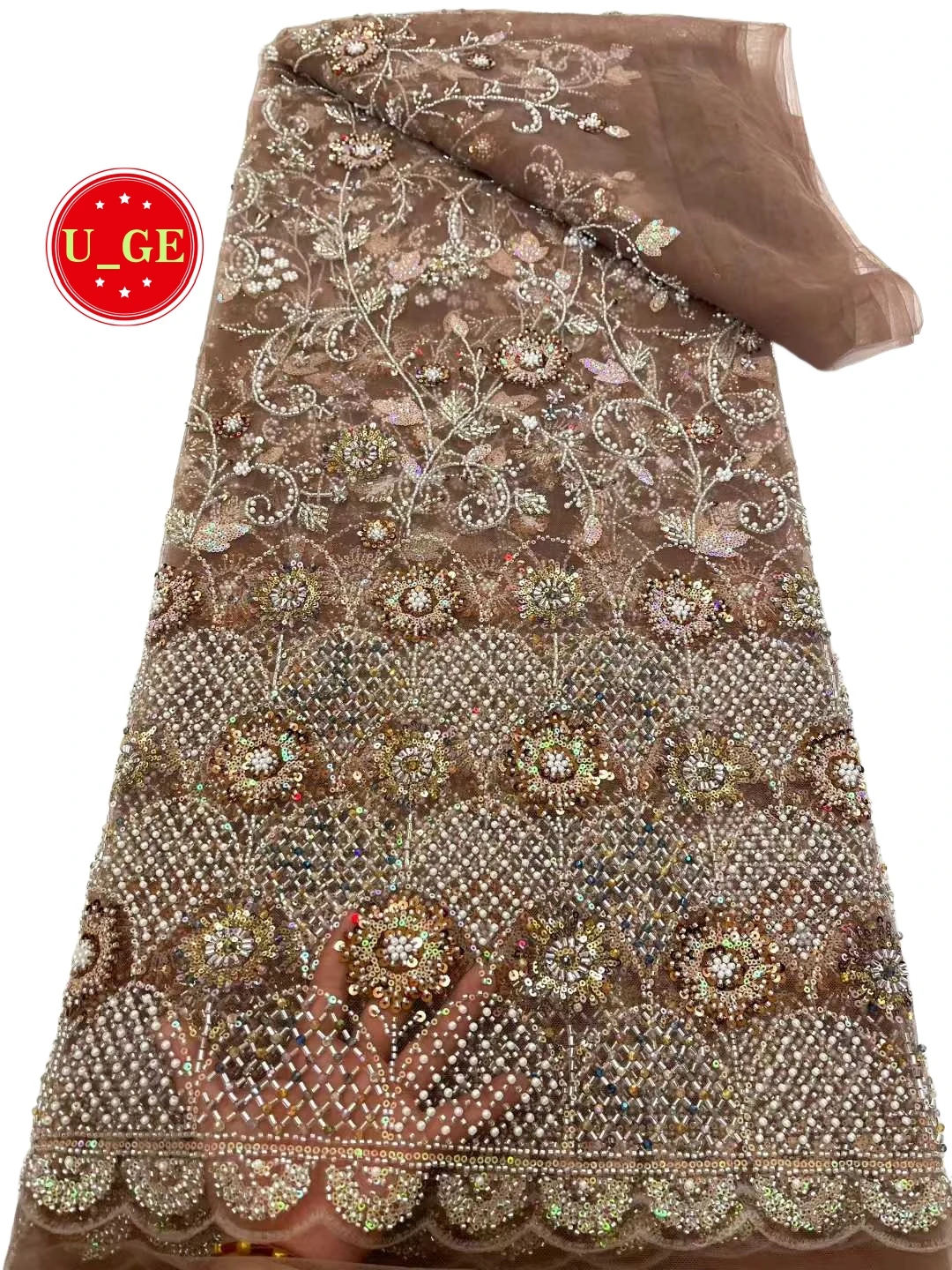 

2026Роскошная нежная мягкая сетчатая кружевная ткань с бисером и камнями - элегантное высококачественное кружево для свадебных и вечерних платьевU_GE8526