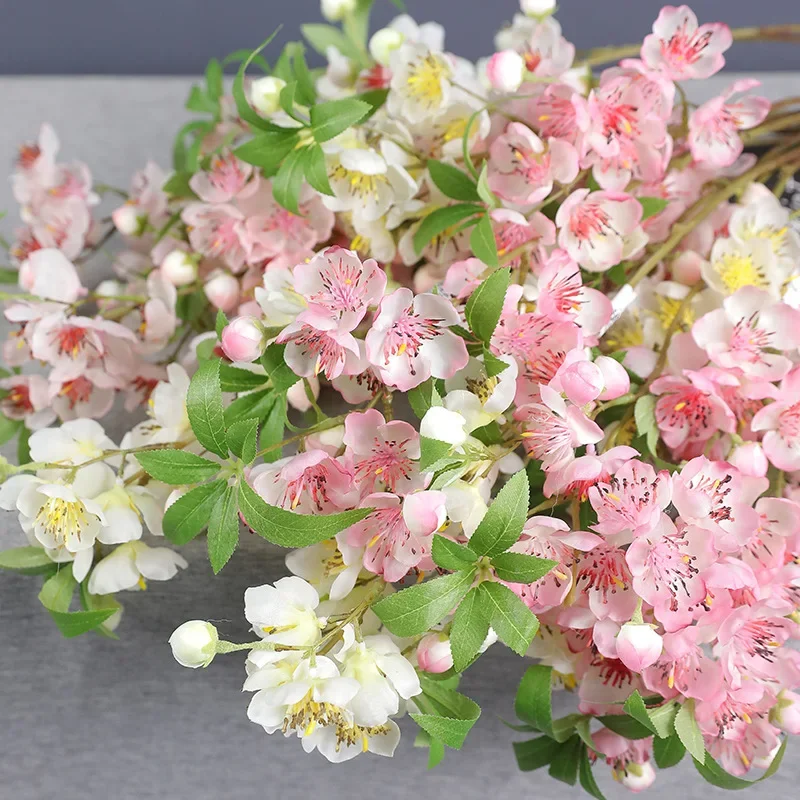 Artificial Flowers Silk Peach Blossom Shopping Mall Decoration Simulation Flower White Long Branch 2-forks Peaches Blossoms
