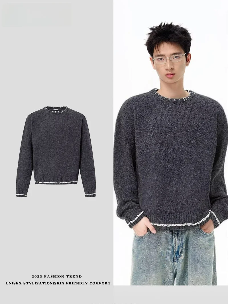 

American Sle Thiened Hand-Sewn round Ne Sweater Men's Autumn Winter Loose Lazy Sle Overhead Knitted irt Top