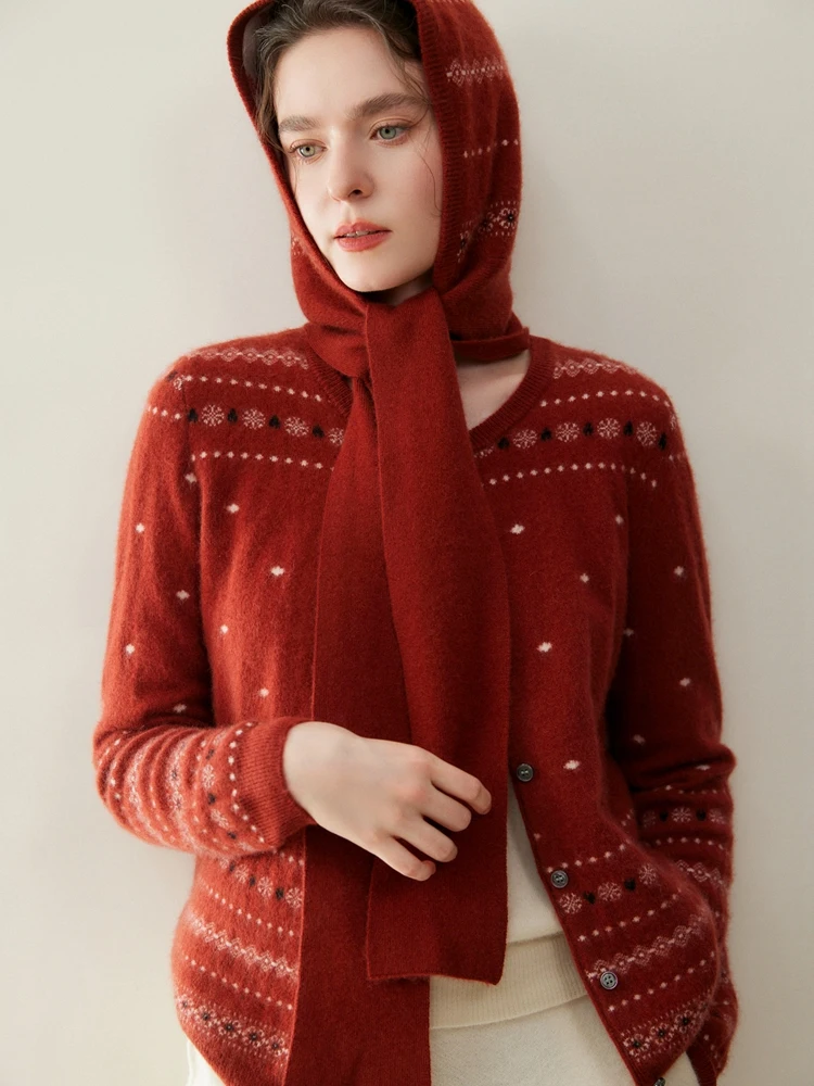 

Yoyoselect 100% Cashmere Women's O Neck Cardigan Autumn Winter Buttoned Snow Flake Sweater Matched Soft Warm Hat Cashmere Cap