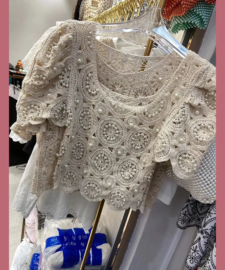 Women Luxury Pearls Beading Blouse Lace Hollow Out Cute Shirt Short Puff Sleeve Elegant Vocation Slim Blusa Pullovers White Lady