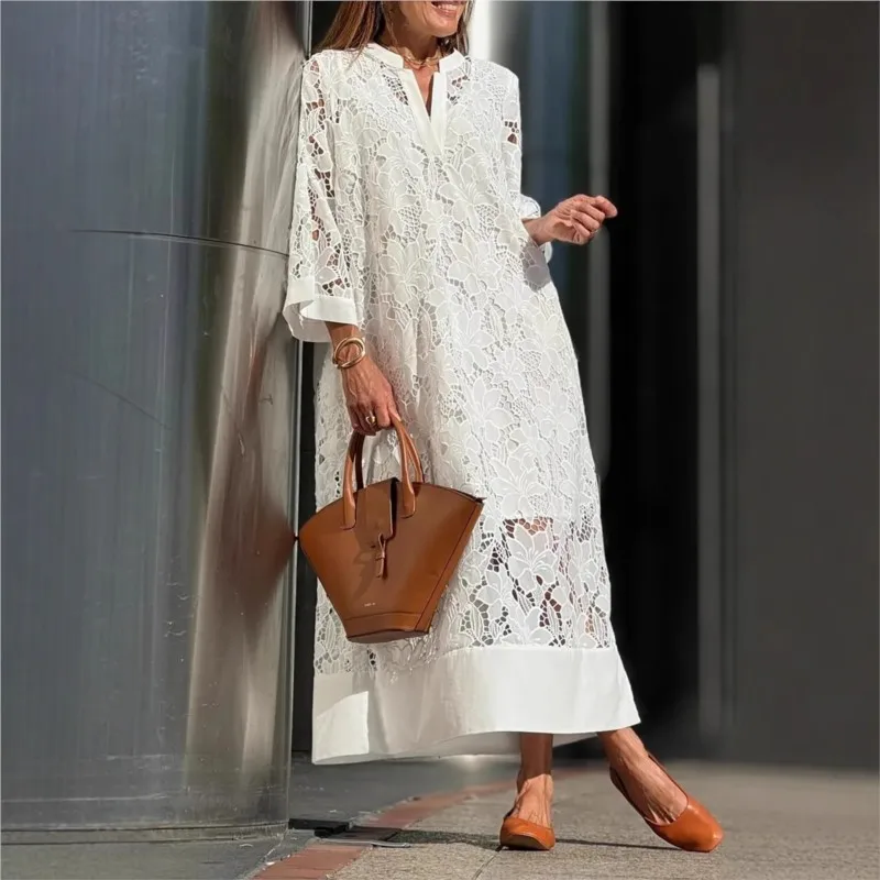 Damen-Kleid, elegant, modisch, Spitze, Weiß, 2025, Frühling, Sommer, neu, lockerer V-Ausschnitt, Sieben-Punkt-Ärmel, ausgehöhlte Kleider, Bürodame