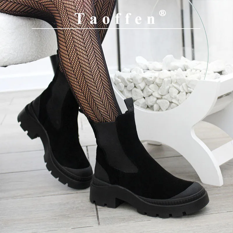 

Taoffen Casual Chelsea Boots For Women Genuine Leather Warm Winter Long Plush Ankle Boots Block Heel Waterproof Non-slip Shoes