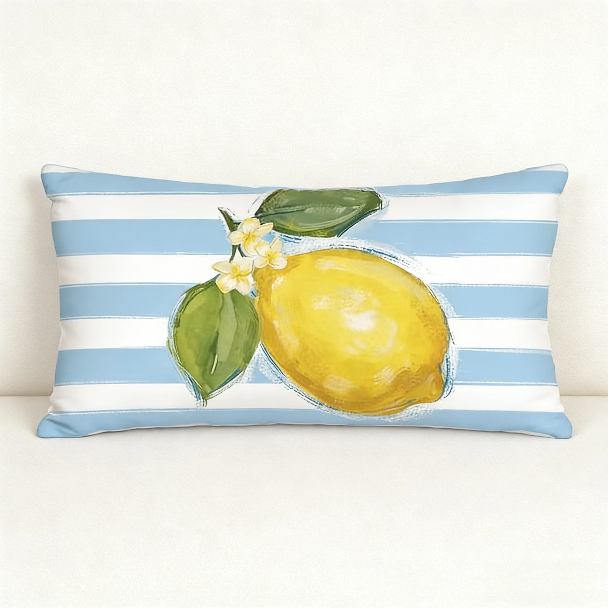 1pc Blue White Stripe Lemon Flower Pillow Covers,Suitable for Sofa,Bedroom,LivingRoom,Kitchen,Balcony,Fresh Gift for Fruit Lover