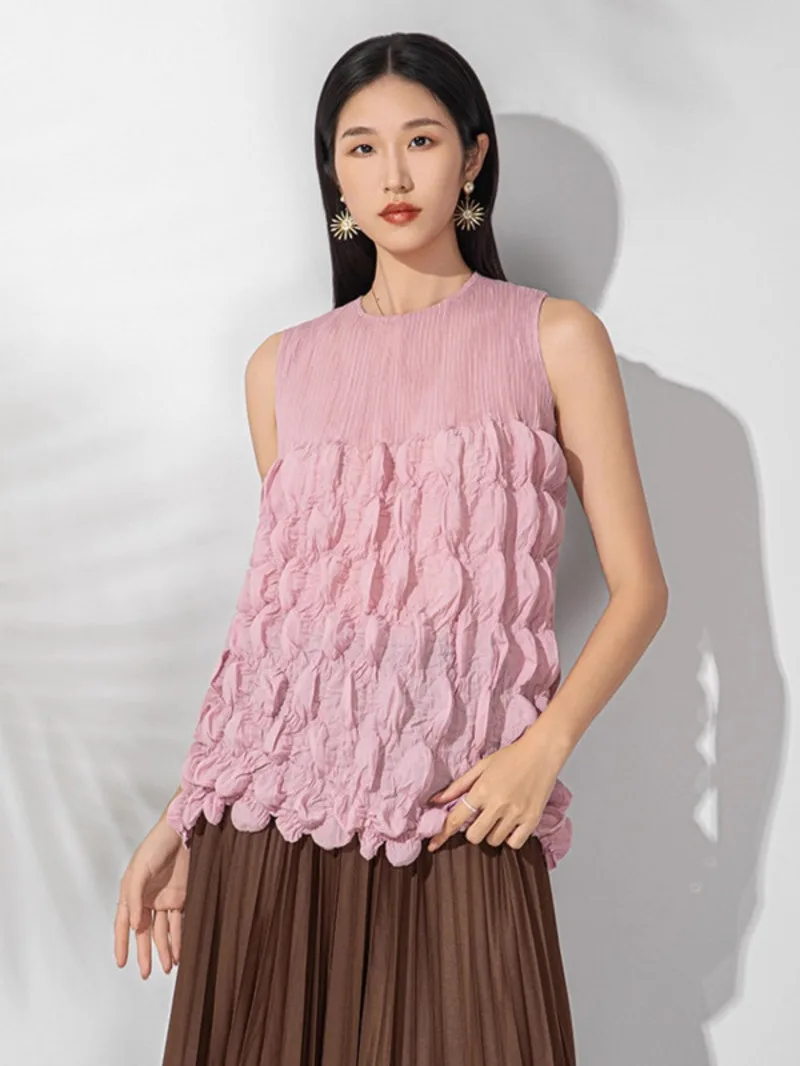 New Design Niche Bubble Pleated Sleeveless Top Elegant Versatile Slimming Women's T-Shirt Vest Round Collar Tops 2OR7M