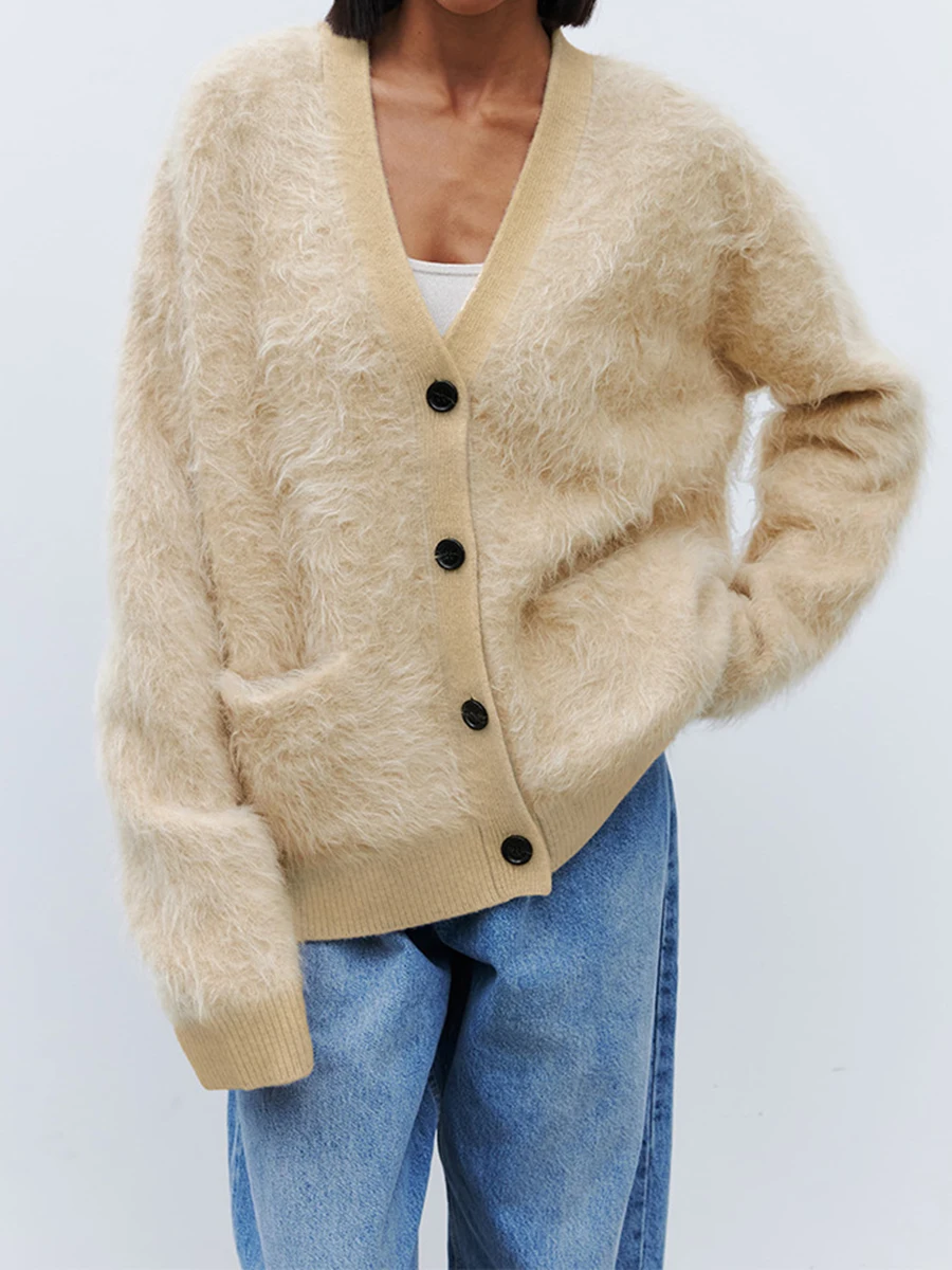 

Solid Plush Loose Long Sleeve Sweater Cardigan Women V Neck Single Breasted Pocket Jumper Autumn Simple Casual Warm Knitted Tops