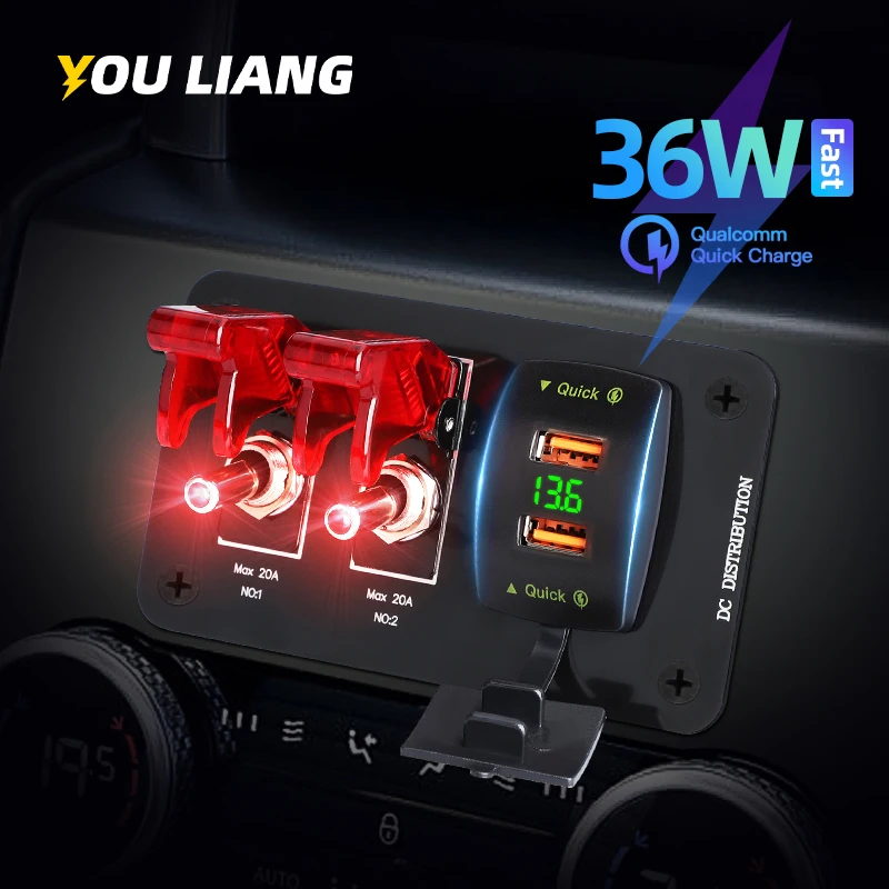 36W QC 2 Gang Rocker Switch Panel Dual USB Charger Voltmeter Waterproof 12V-24V DC for Cars Trucks Boats RVs Camper Accessories