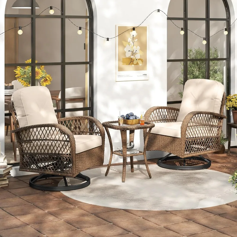 

3-piece willow 360 ° rotating joystick set for courtyard furniture, rocking chair with cushion, tempered glass coffee table