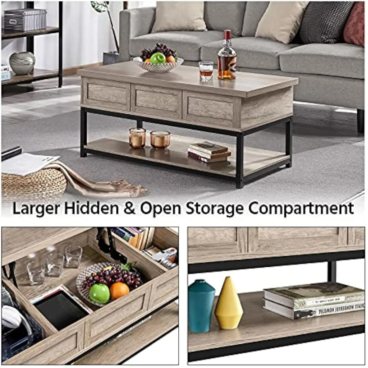 Lift Top Coffee Table with Hidden Compartments & Open Shelf, Tabletop Metal Frame Cocktail Table, Rising Center/Acent Table fo
