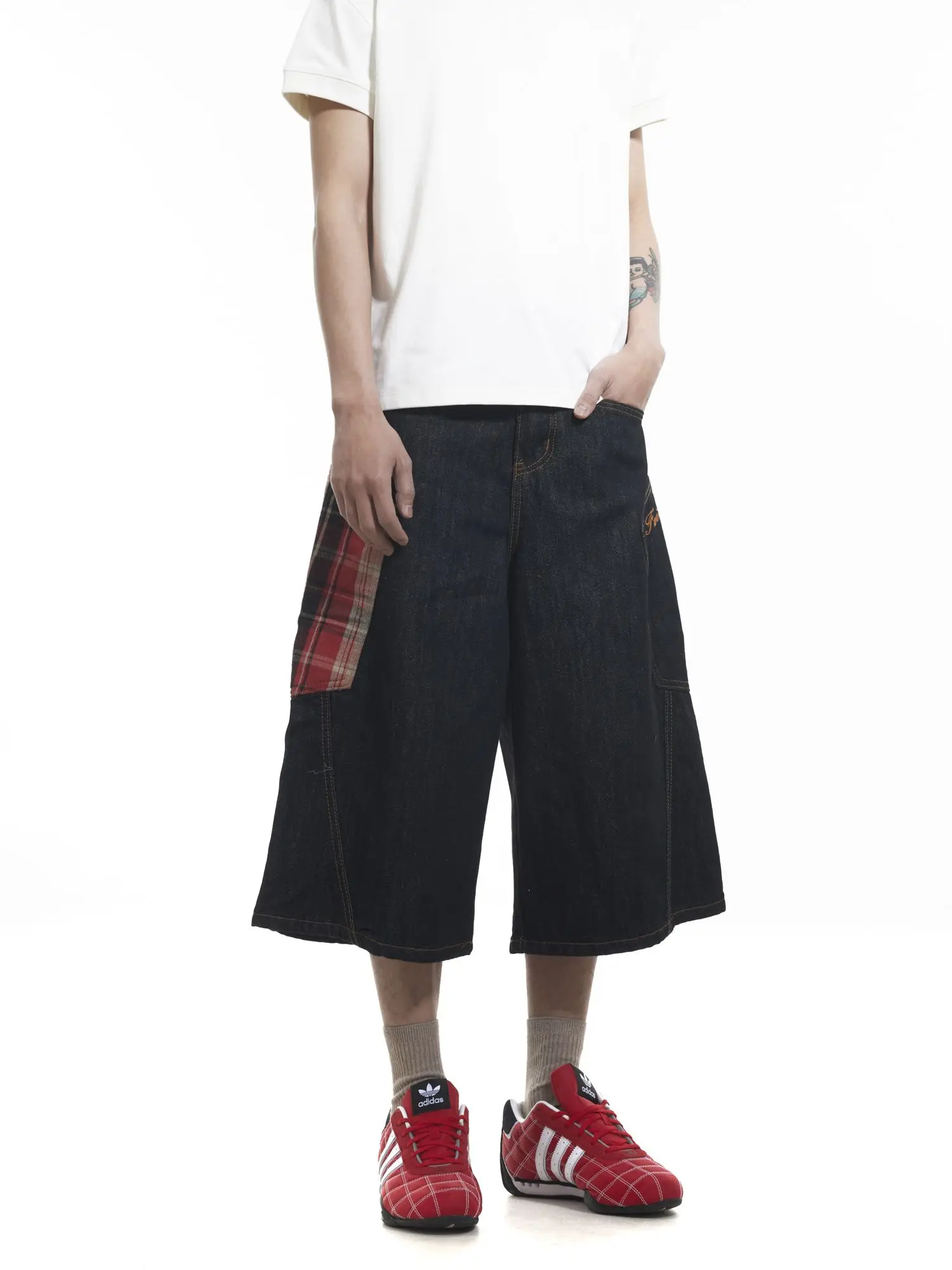Men's Pocket Plaid Splicing Summer Shorts Vintage Wide Leg Cropped Pants Cool Boy Casual Bottom Male High Waist Half Trousers