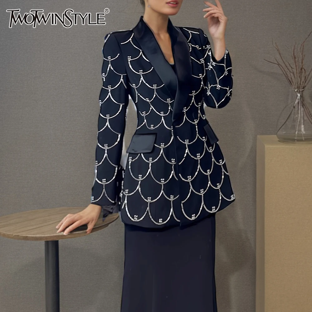 

TWOTWINSTYLE Slimming Spliced Bead Fashion Jackets for Women Lapel Long Sleeves Patchwork Button Temperament Jacket Female New
