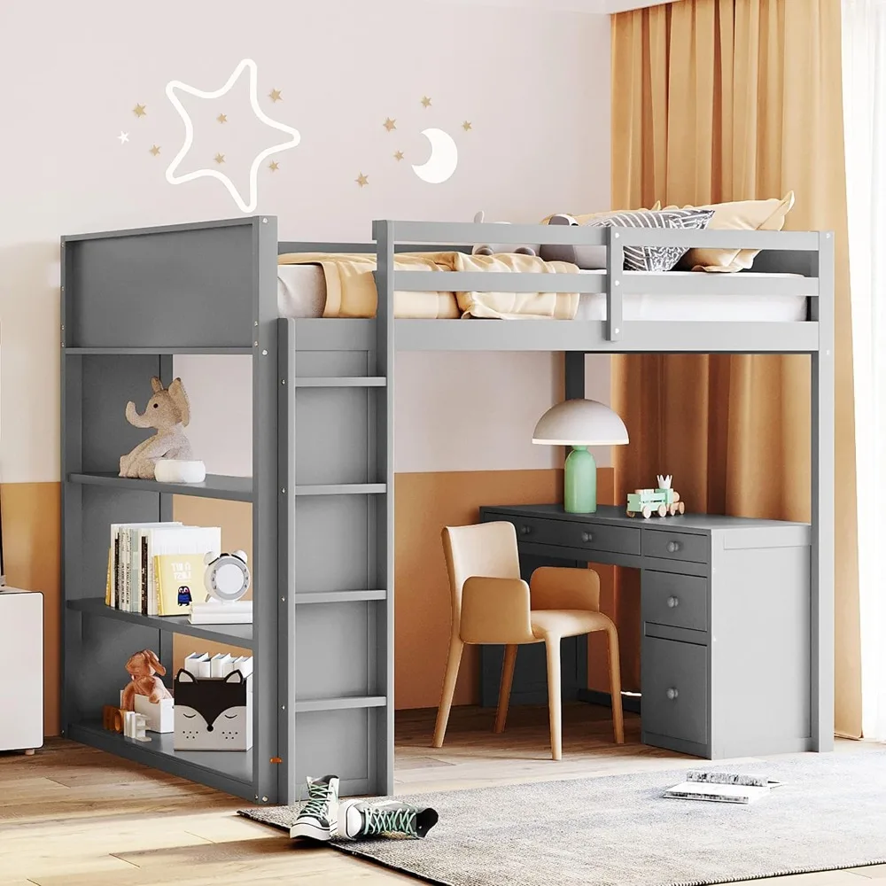 Full Loft Bed with Desk and Shelves, Wooden Full Size Loft Bed with Desk and Storage Drawers, Space Saving Loft Bed Ful