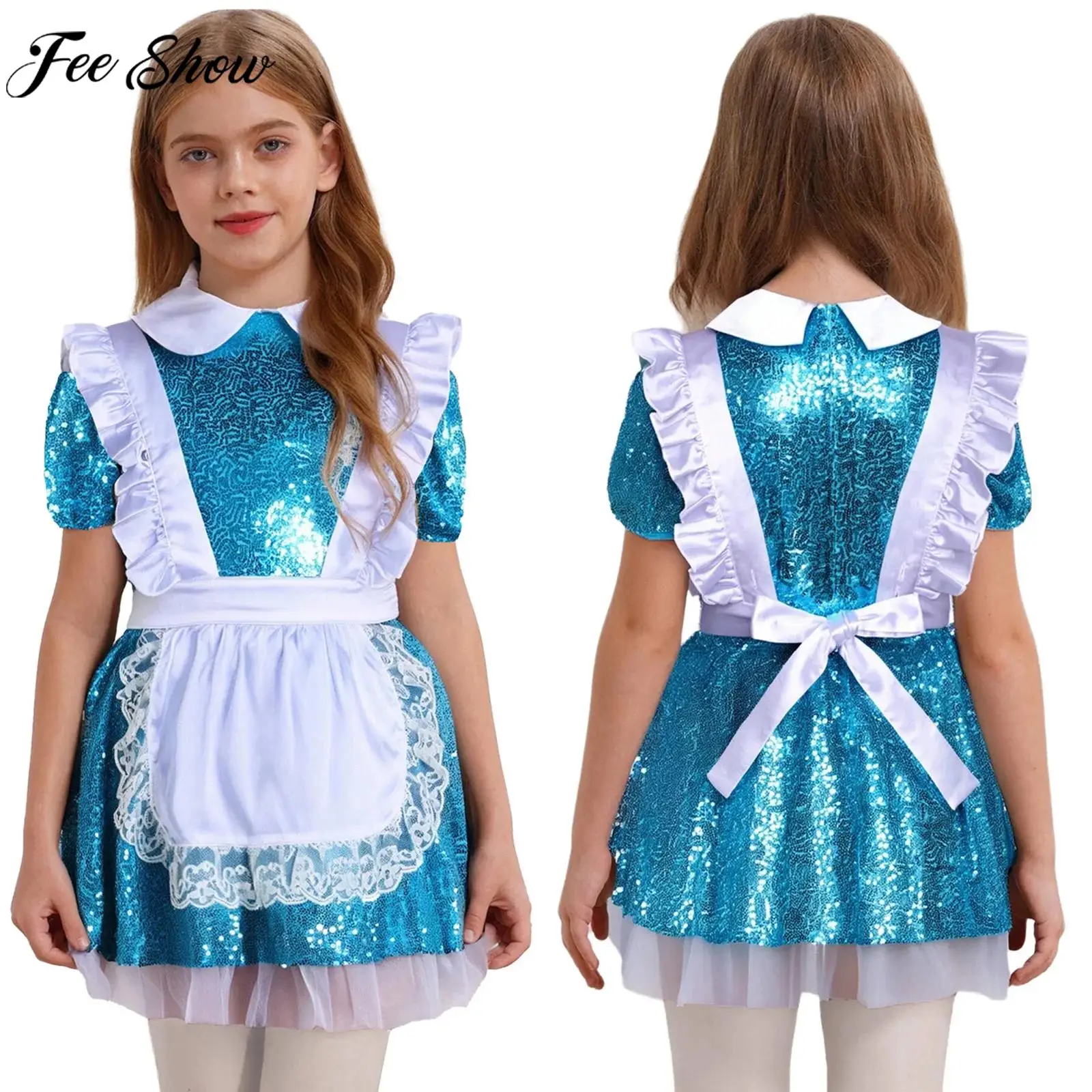 

Girls Halloween Theme Party Carnival Wonderland Princess Cosplay Performance Costume Short Sleeve Shiny Sequins Mesh Tutu Dress