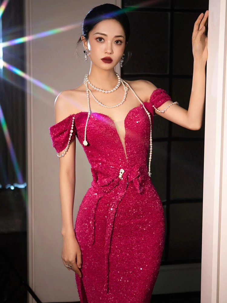 Customized Rose Red Sequins Mermaid Evening Dress Sexy Slim Halter Tassel Pearls Fishtail Prom Party Gowns Vestido De Festa