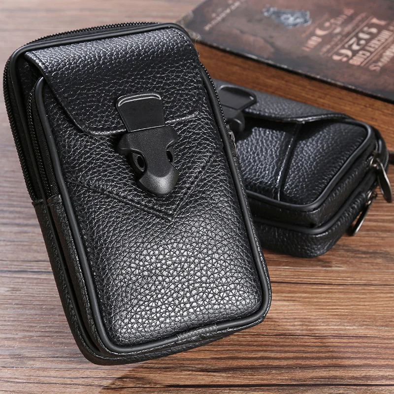 Multifunctional PU Leather Belt Bag Solid Color Men Business Style Belt Bag Horizontal And Vertical Section Wallet Case Purse