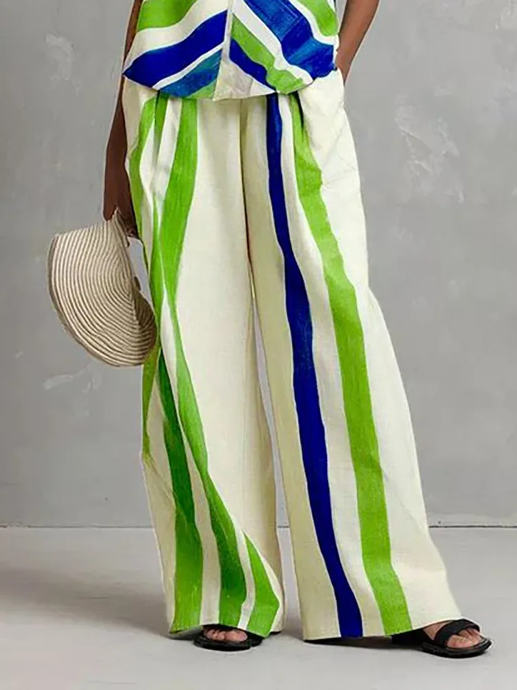 Yeezzi Women's Fashion Contrast Color Striped Wide Leg Pants Elastic High Waist Loose Pockets Casual Office Work Trousers 2026