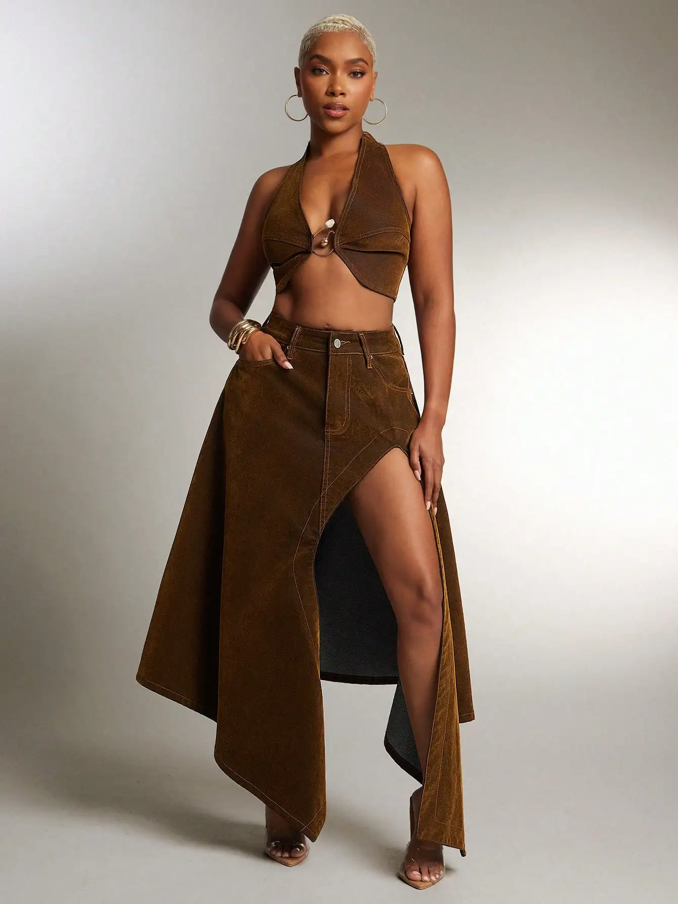 

Brown Suede-Look Asymmetrical High Slit Midi Skirt with Halter Top Set