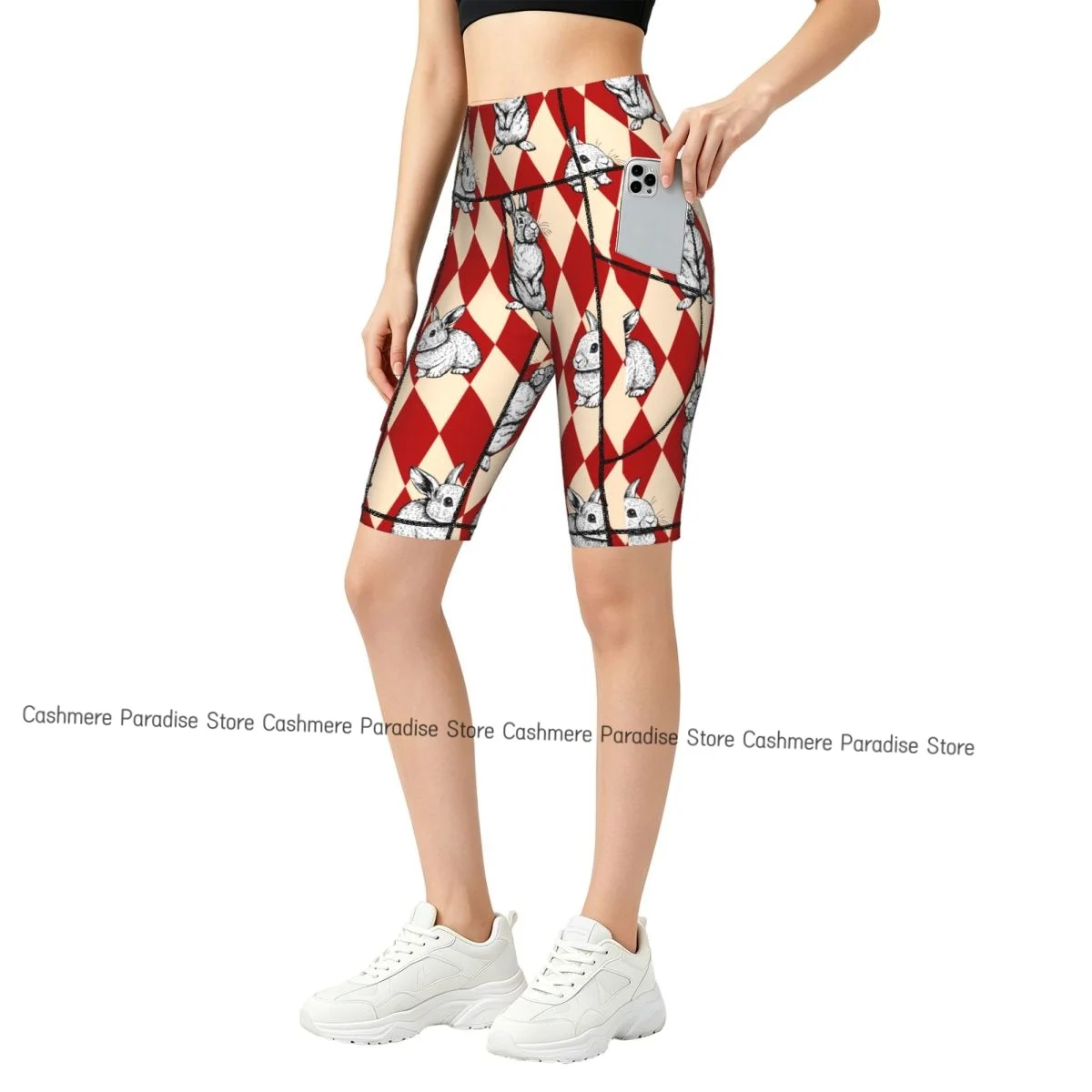 Double Pocket Sports Shorts Women Elastic Slim Rabbit Check Shorts Gym Exercise Running High Waist Yoga Fitness Shorts