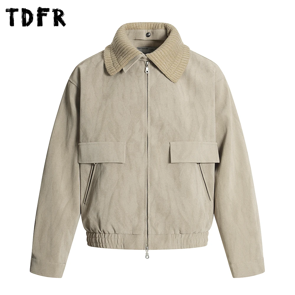 Spliced Lapel Cargo Jacket Mens Zipper Pocket Autumn Retro Casual Loose Long Sleeve Outerwear Man