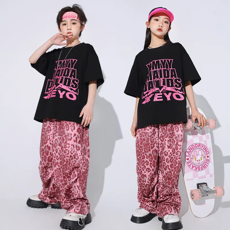 Disfraz de baile callejero para adolescentes, camiseta negra holgada de Hip Hop, pantalones rosas, ropa de actuación de Jazz, ropa de escenario para niños