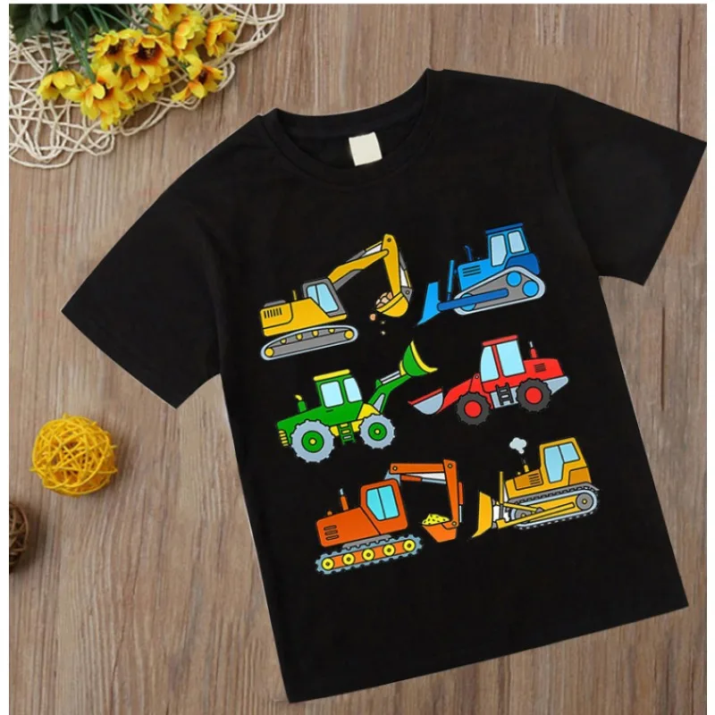 2023 Excavators T Shirt Firetrucks Fire Engines Tshirts Kids Baby  Clothes Costume Children Clothing Locomotive Cartoon Car Tops