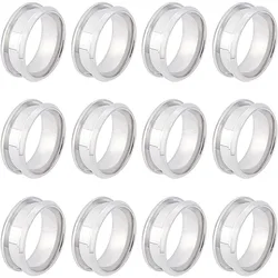 12Pcs Size 7 Stainless Steel Grooved Finger Ring with Velvet Pouches Blank Core Ring Hypoallergenic Metal Ring for Inlay Ring