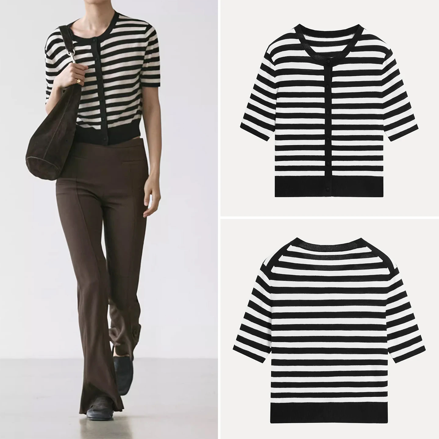 

Женская вязаная рубашка в полоску с круглым вырезом и коротким рукавом, на пуговицах спереди, весна 2026, повседневная, комфортная, мягкая, средней толщины