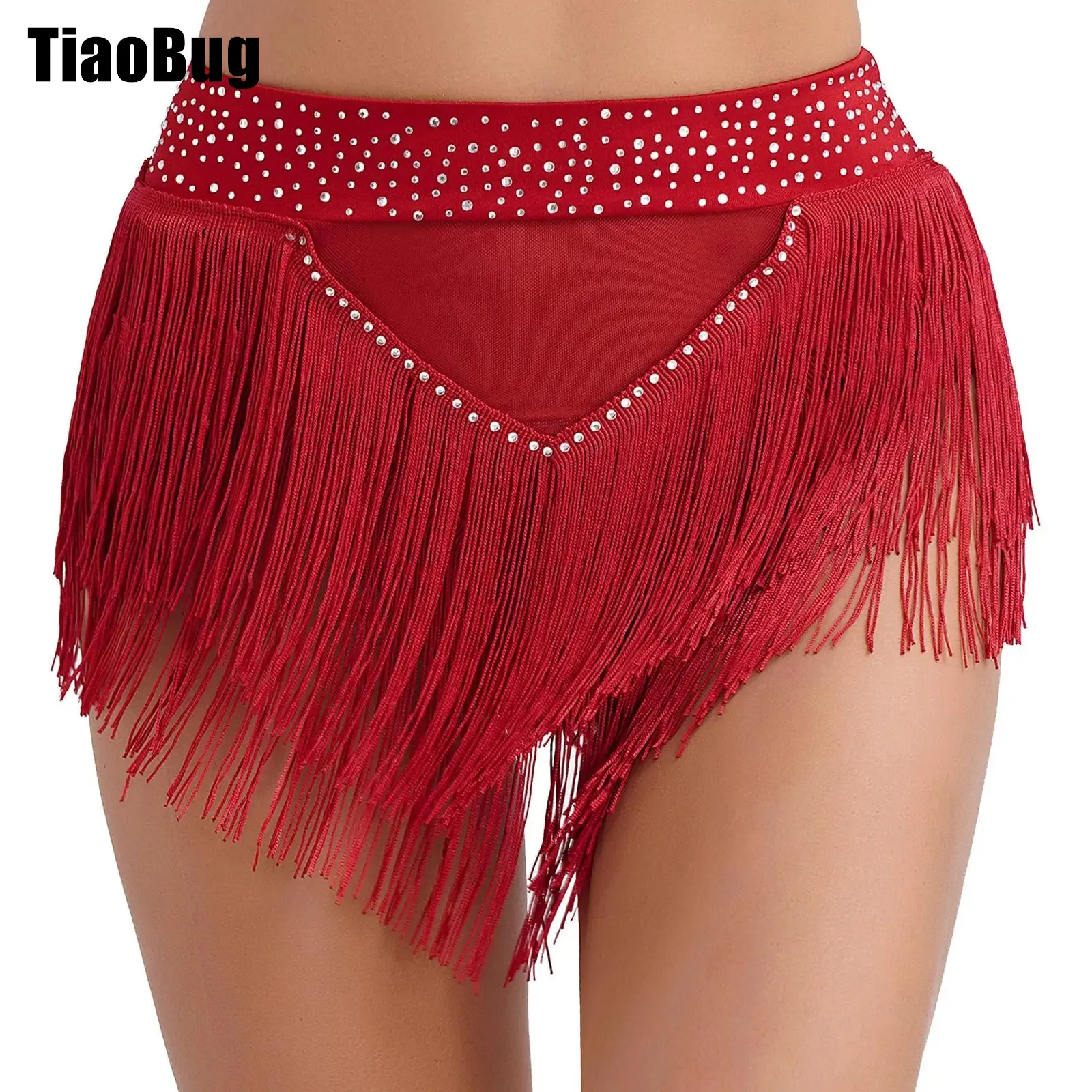 Dames Kwastje Buikdansshort Glanzende Strass Broek Hoge Elastische Doorzichtige Mesh Slips Ondergoed Samba Dancewear