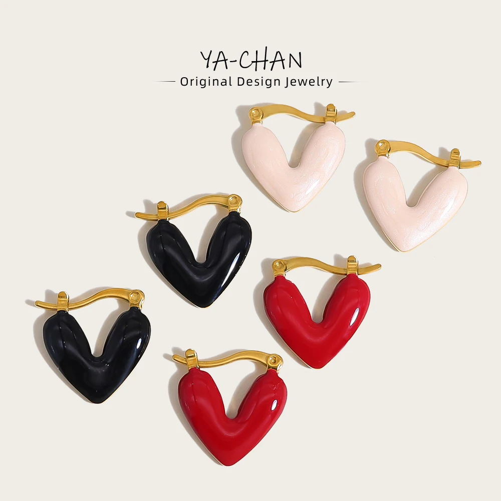 YACHAN New In Stainless Steel Heart Hoop Earrings for Women Pink Black Red Enamel Vintage Chic Waterproof Jewelry