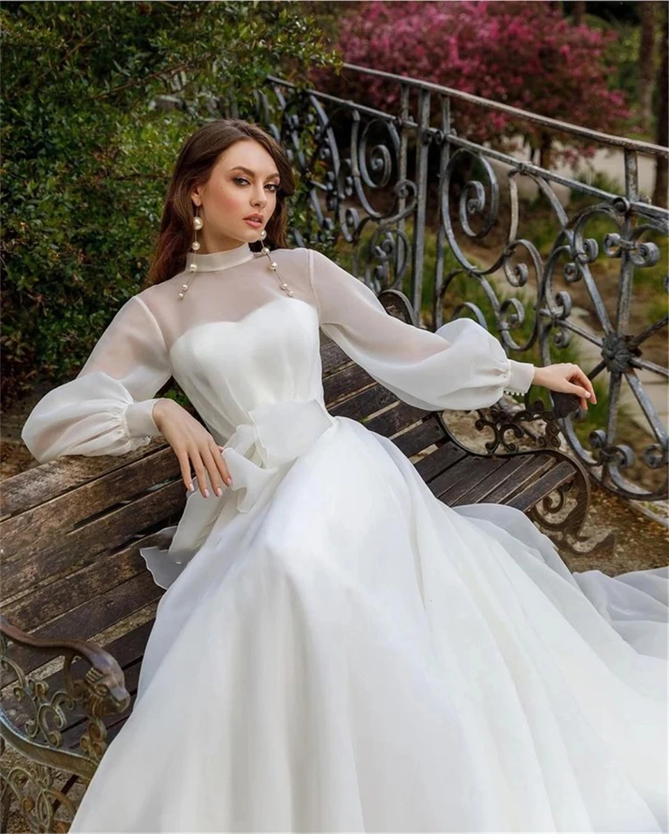 Elegant High Neck Full Sleeves Chiffion Bow A-line Wedding Dresses 2024 Court Train Floor Length Bridal Gowns Vestido De Noiva