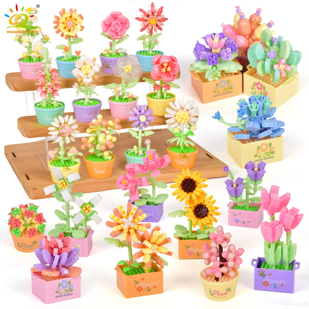 HUIQIBAO MOC Succulent Potted Plant Micro Building Blocks Flower Bouquet Model DIY Home Desk Plant Decoration Assemble Brick Toy