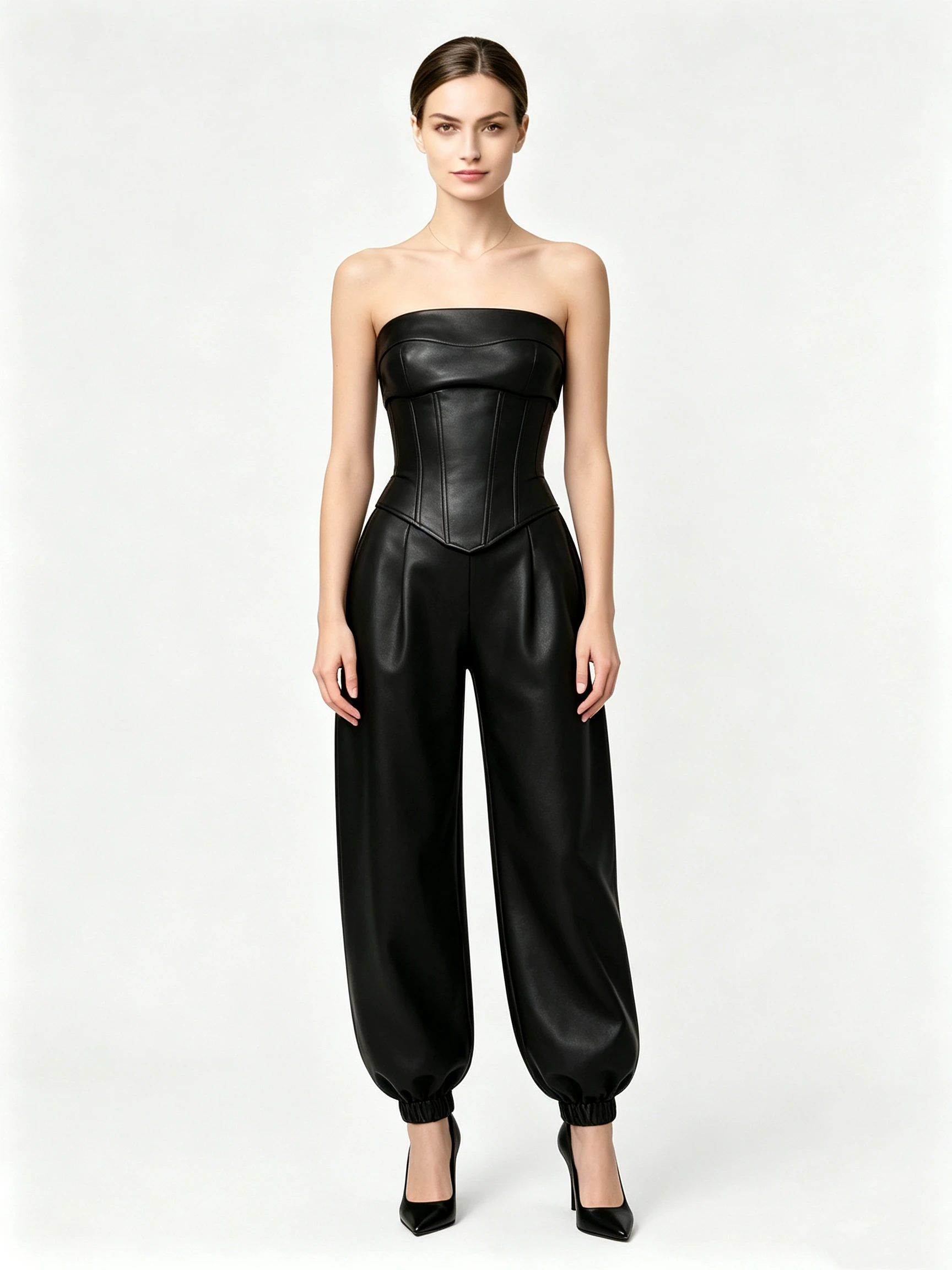 Luxury Black Faux Leather Strapless Corset Jumpsuit with Balloon Pants