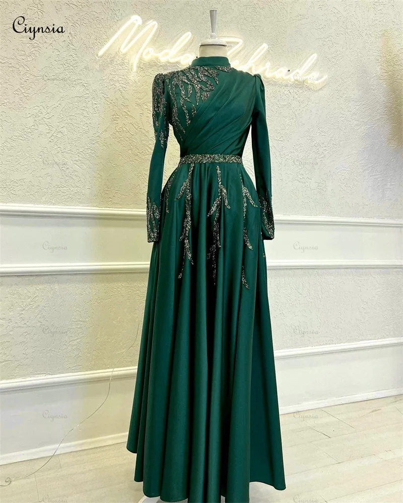 Ciynsia High Neck Muslim Islamic Evening Gowns Satin Beaded Full Sleeves Formal Occasion Dresses Elegant A-Line Robe De Soiree