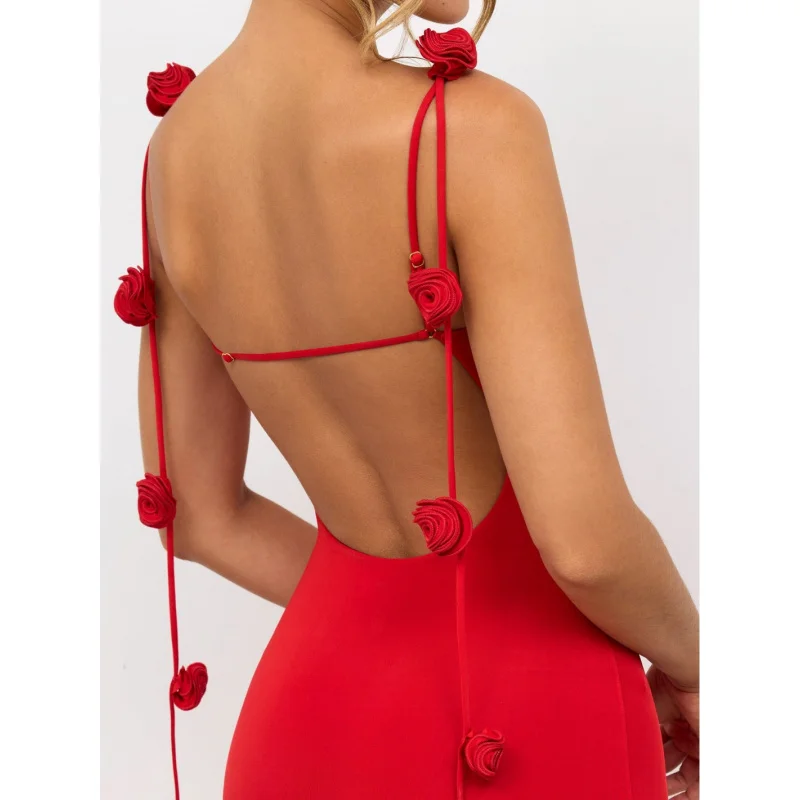 2025 WOMEN'S sexy evening dress backless shoulder strap three-dimensional flower decorative sling long dress C001