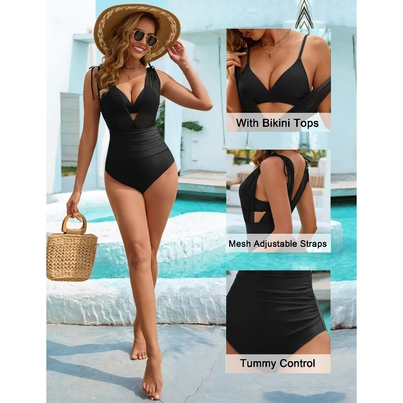 Maillot de bain une pièce en maille pour femmes, Monokini, Sexy, décolleté en v profond, contrôle du ventre, noir uni, serré, ensemble de plage, été, 2025