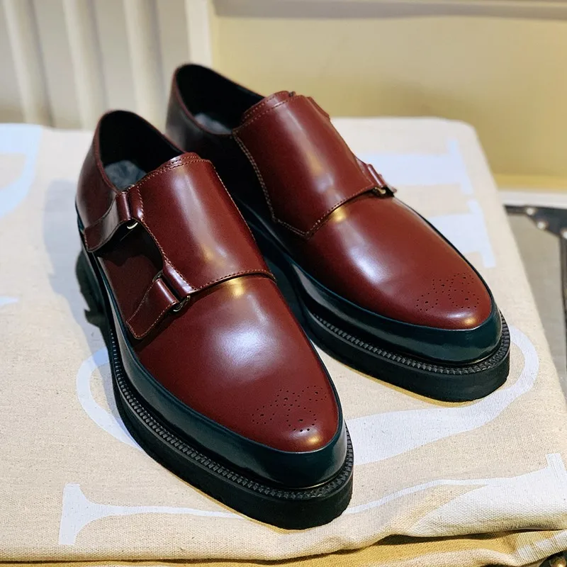 JINIWU 2026 AW Thick Sole Monk Shoes Color Block Pointed Toe Mini Carved Height Increase Cowhide Men Gentleman Shoes