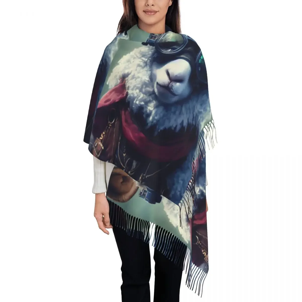 Funny Animal Scarf with Long Tassel Sheep Print Keep Warm Shawl Wraps Lady Custom Headwear Scarves Winter Popular Bufanda