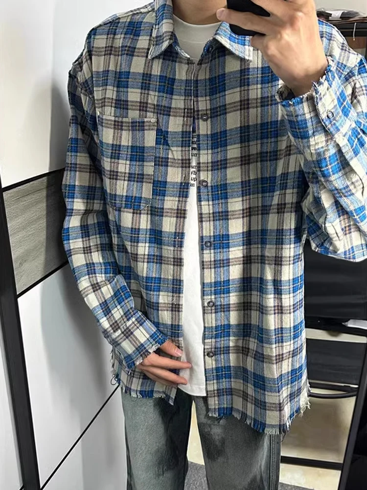 

Retro American Blue Plaid Men's Long Sve irt Autumn Winter Frayed Inner Wear Layering Couple's Faion Outerwear
